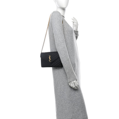 Saint Laurent Grain De Poudre Matelasse Chevron Monogram Chain Wallet Black 2 of 13