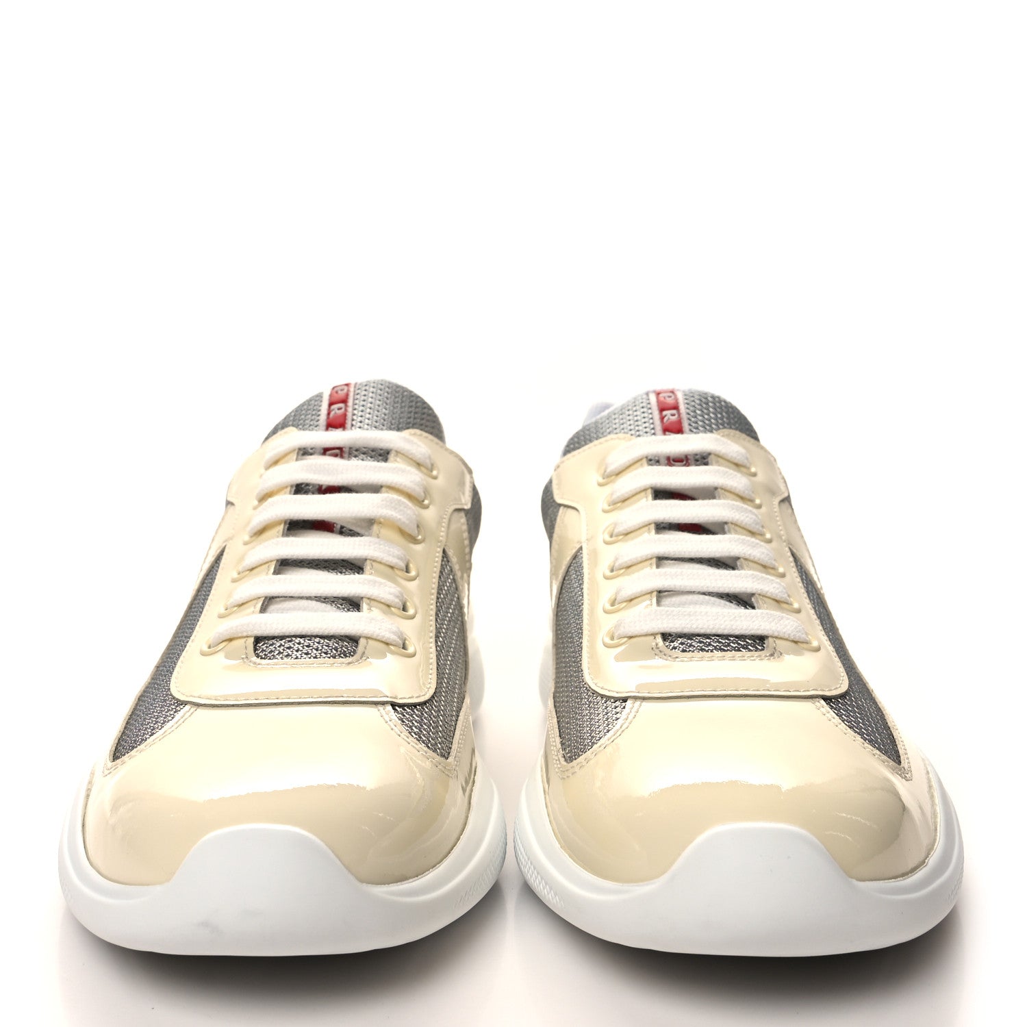 Prada Patent Mens America's Cup Patchwork Sneakers 9 Vanilla Silver 2 of 9