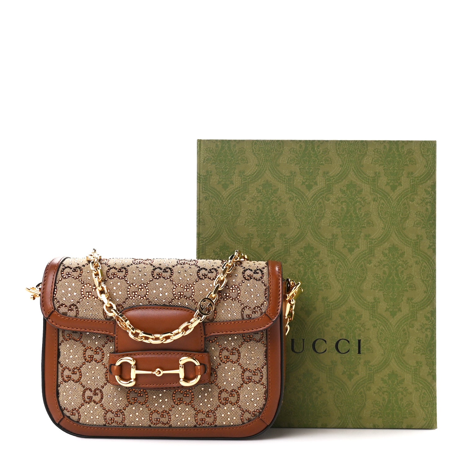 Gucci New Canvas Charisma Calfskin Crystal GG Monogram Mini Horsebit 1955 Shoulder Bag Camel Ebony 13 of 13