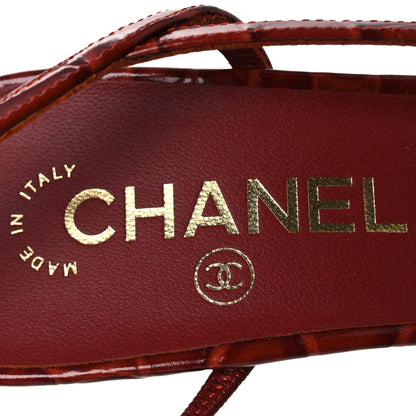 Chanel Patent Calfskin Crocodile Embossed Cap Toe CC Slingback Pumps 39 Dark Red White 9 of 11