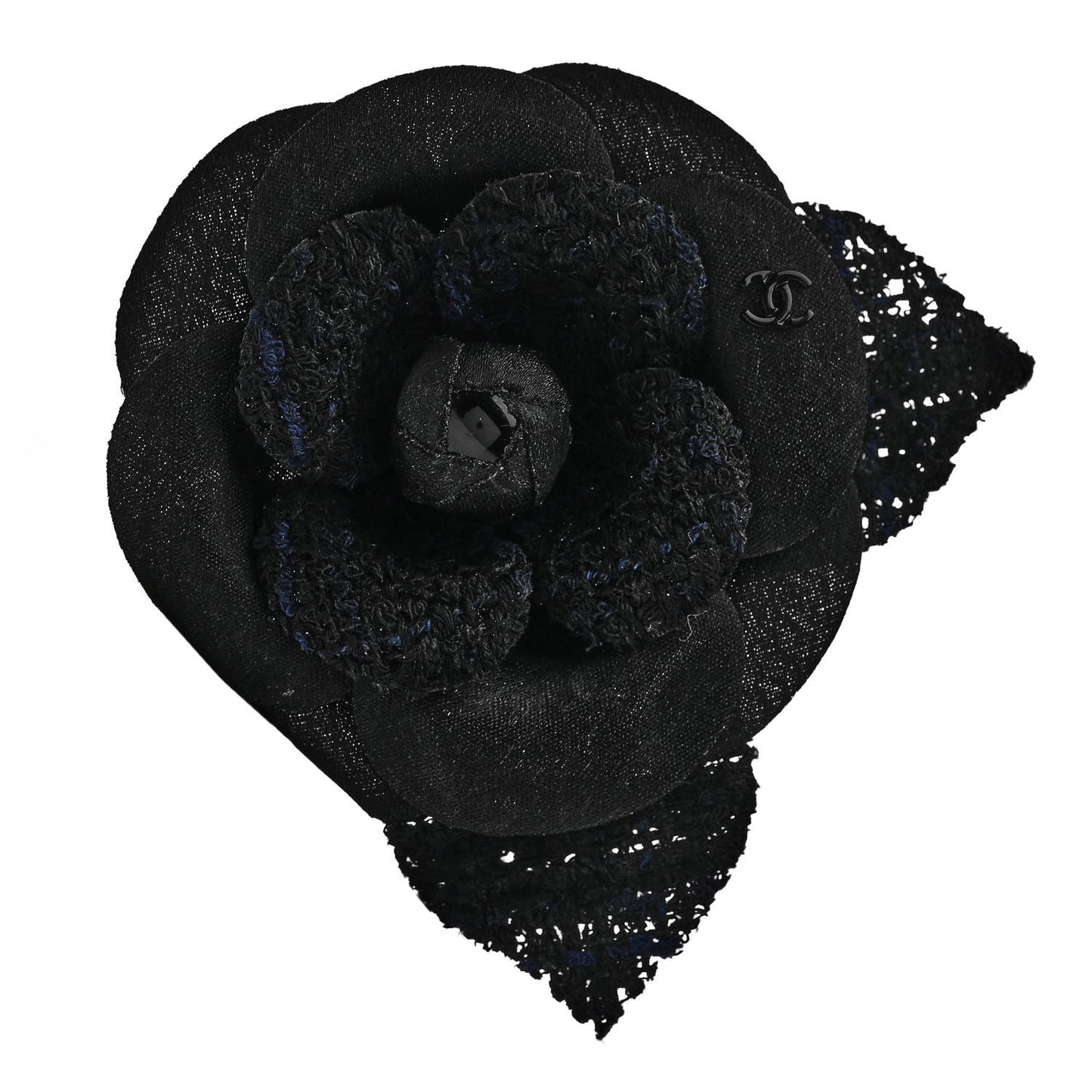 Tweed Fabric Camellia Pin Brooch Navy Blue Black
