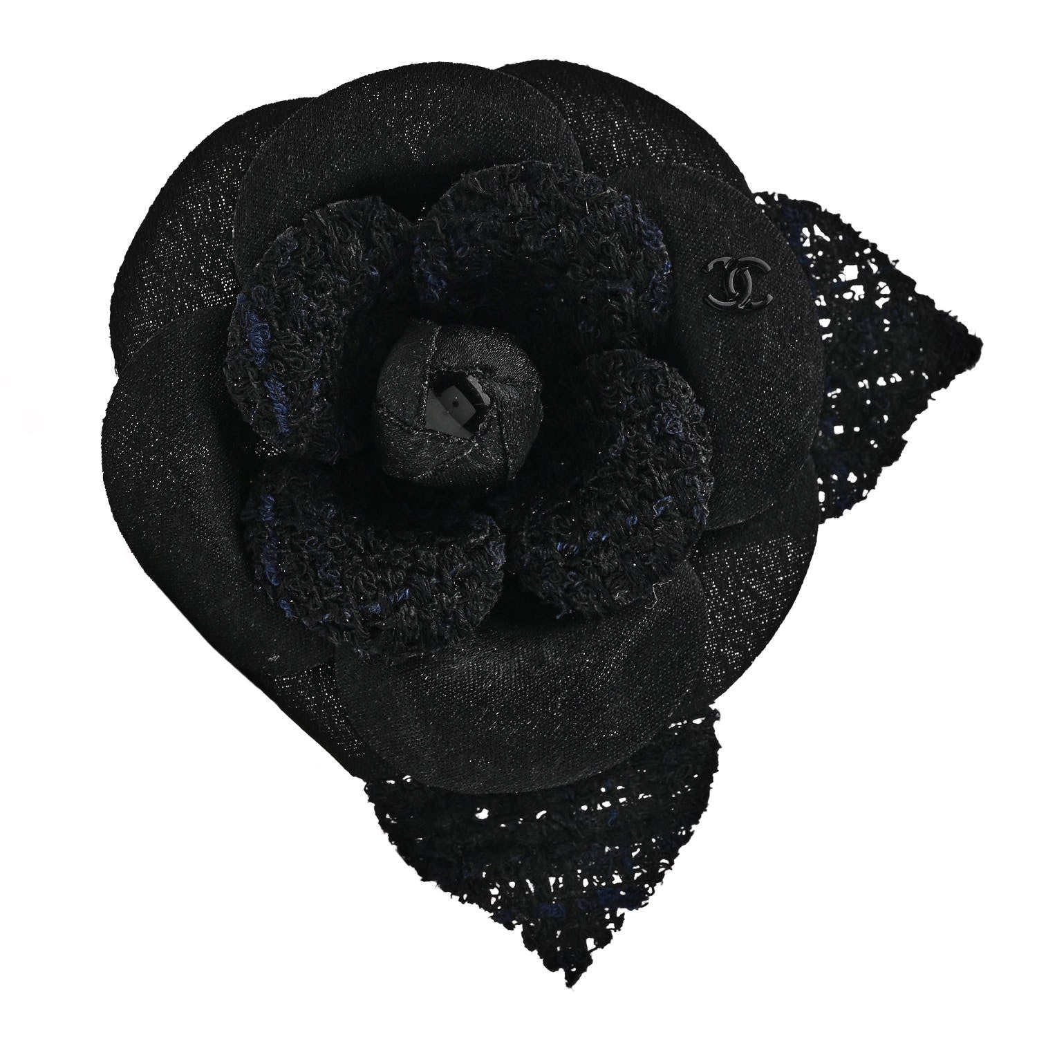 Chanel Tweed Fabric Camellia Pin Brooch Navy Blue Black 1 of 4