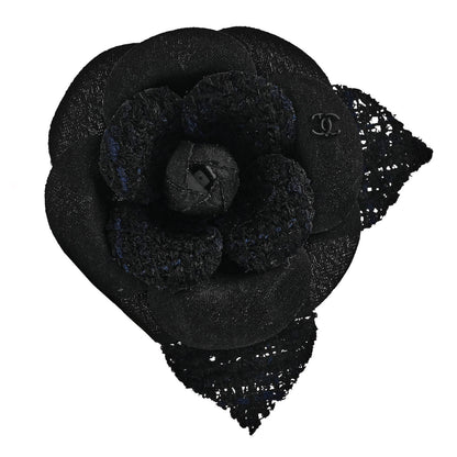Chanel Tweed Fabric Camellia Pin Brooch Navy Blue Black 1 of 4