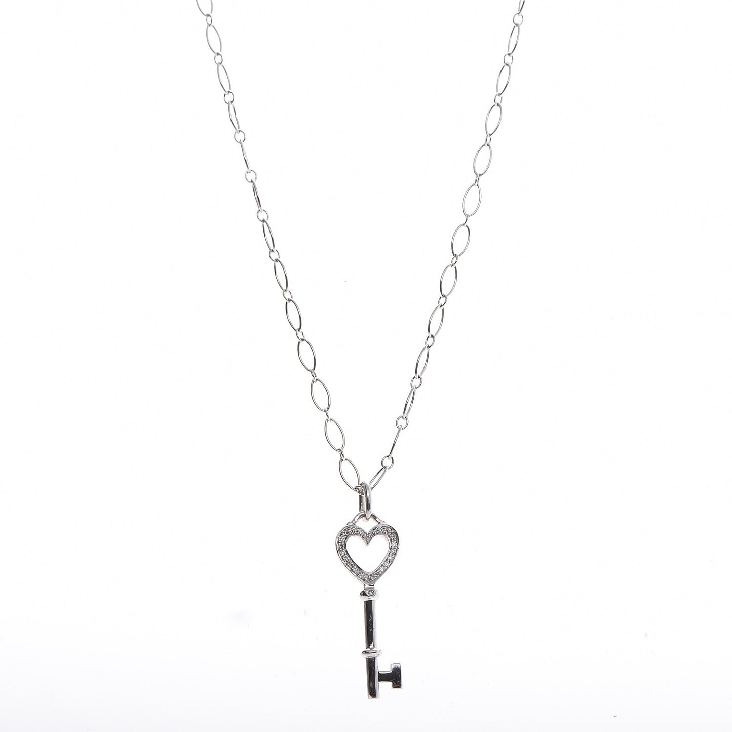 18K White Gold Diamond Mini Heart Key Charm Pendant Link Necklace