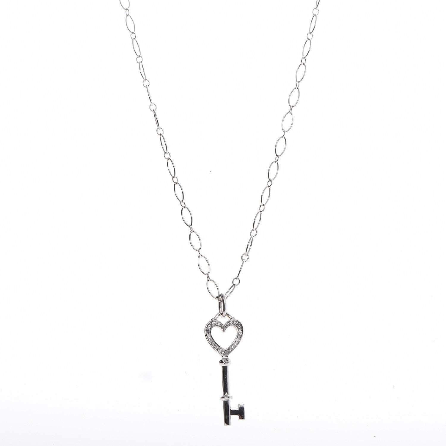 Tiffany 18K White Gold Diamond Mini Heart Key Charm Pendant Link Necklace 1 of 6