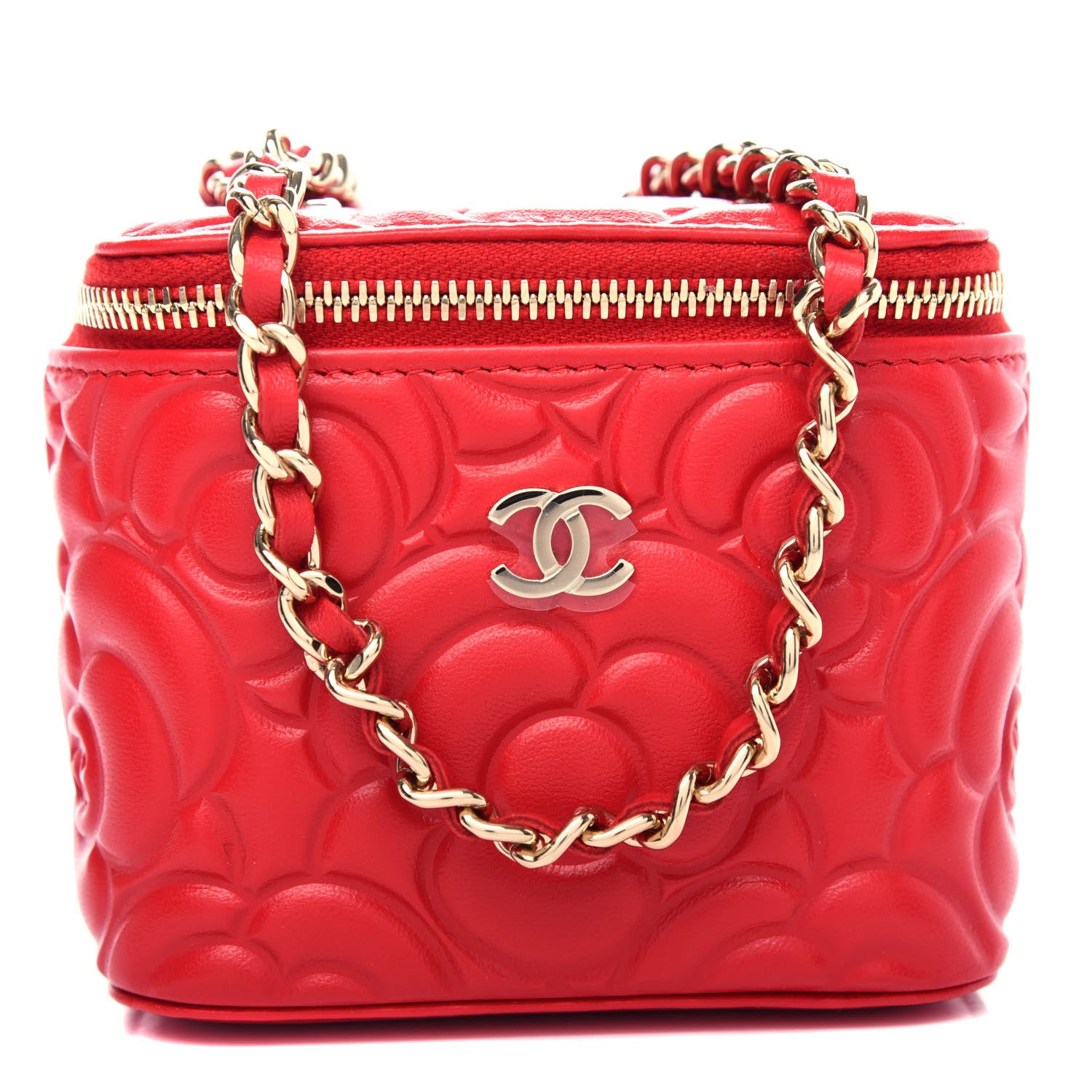 Chanel Lambskin Camellia Embossed Mini Vanity Case With Chain Red 1 of 11