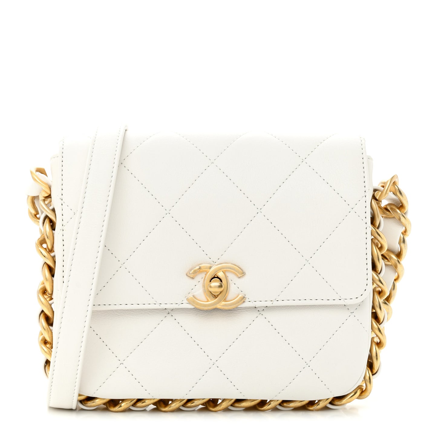 Calfskin Quilted Small Framing Chain Bag White