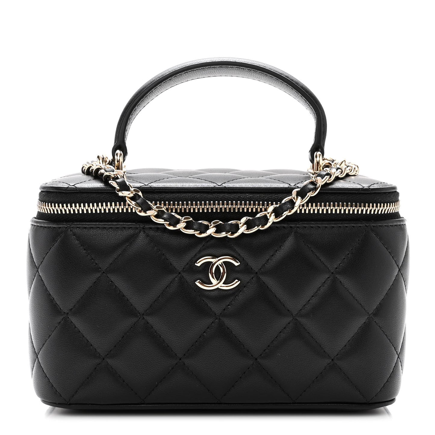 Lambskin Quilted Small Top Handle Vanity Case With Chain Black
