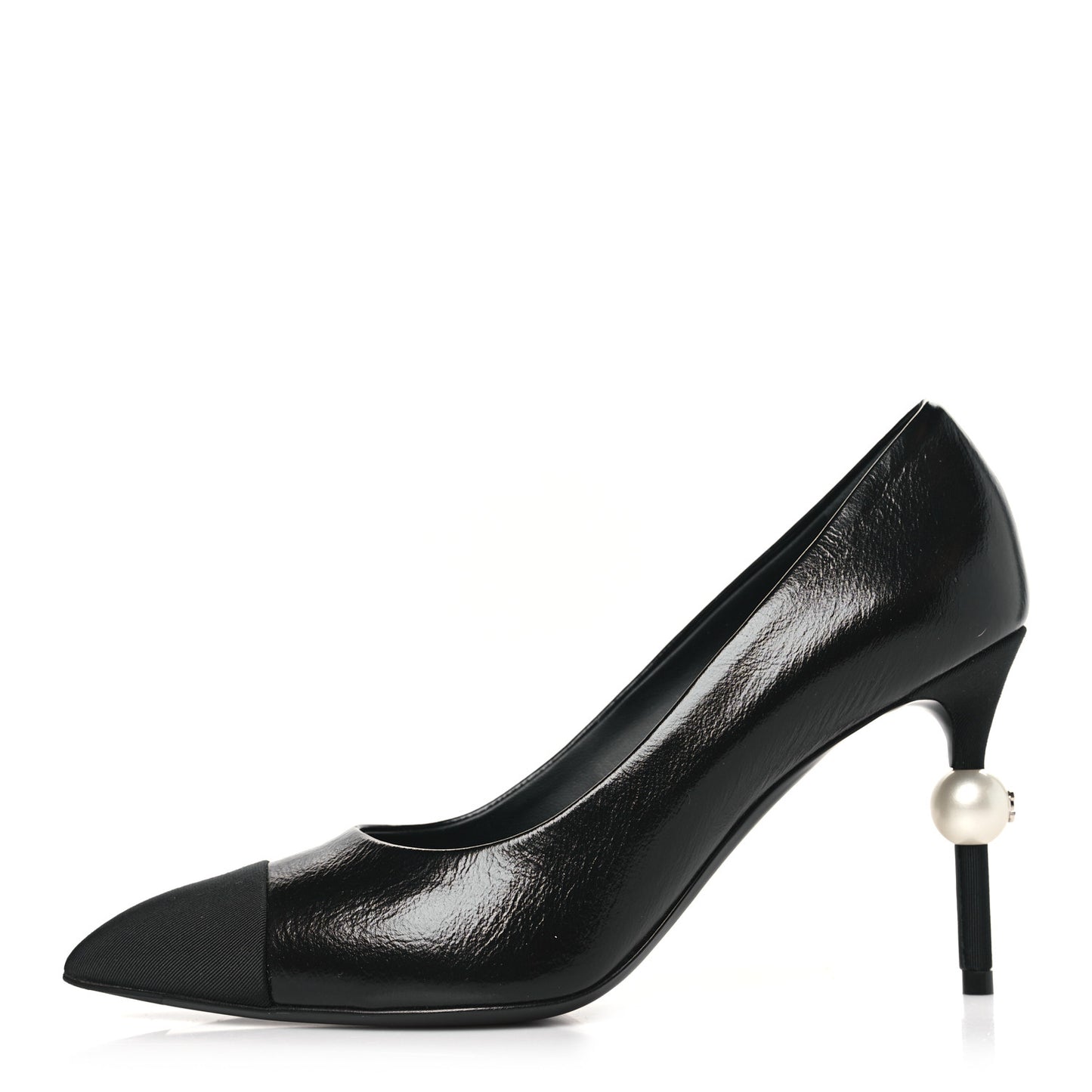 Shiny Calfskin Grosgrain Cap Toe CC Pearl Pumps 37.5 Black