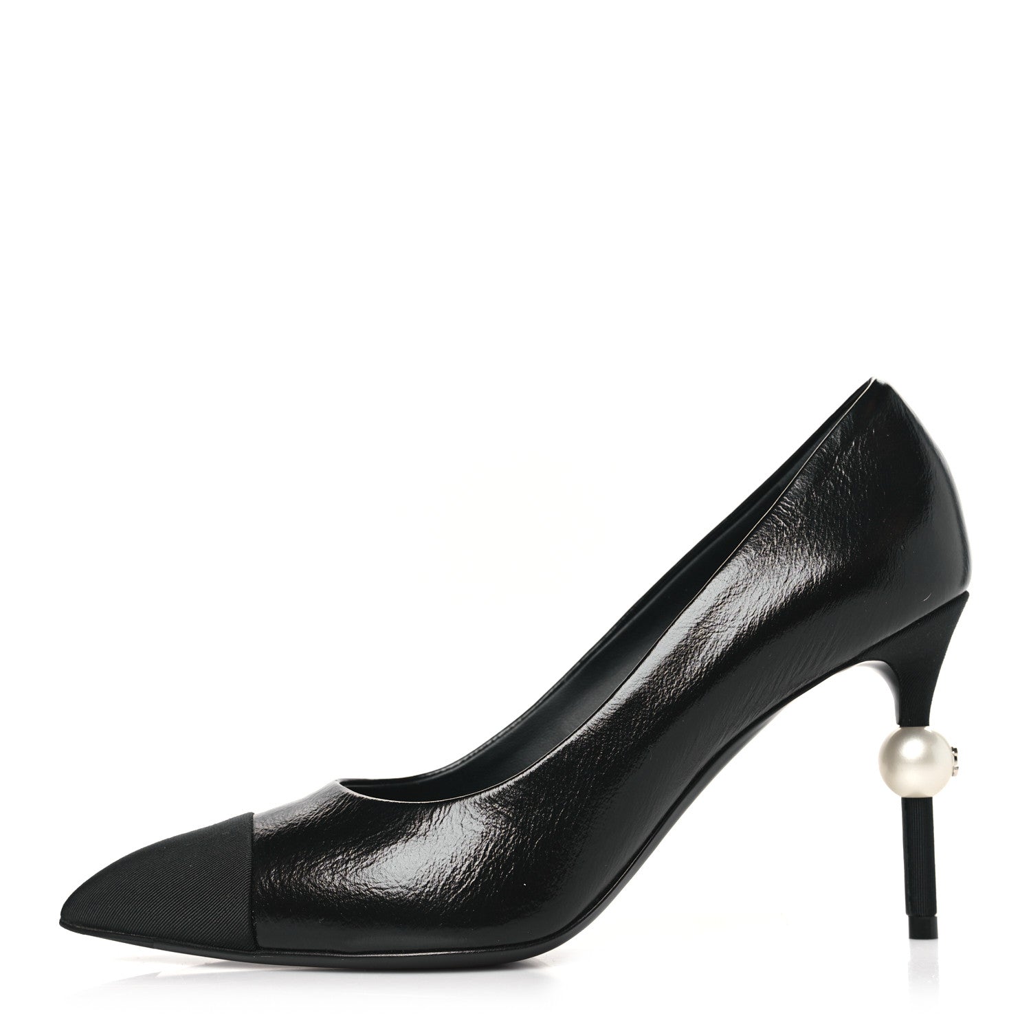 Chanel Shiny Calfskin Grosgrain Cap Toe CC Pearl Pumps 37.5 Black 1 of 10
