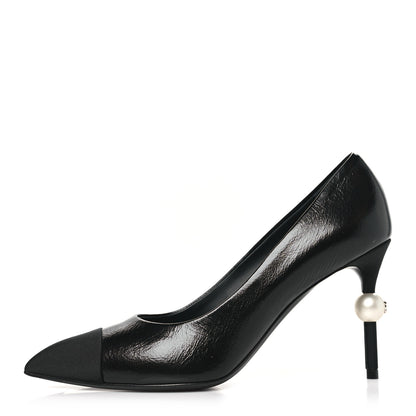 Chanel Shiny Calfskin Grosgrain Cap Toe CC Pearl Pumps 37.5 Black 1 of 10