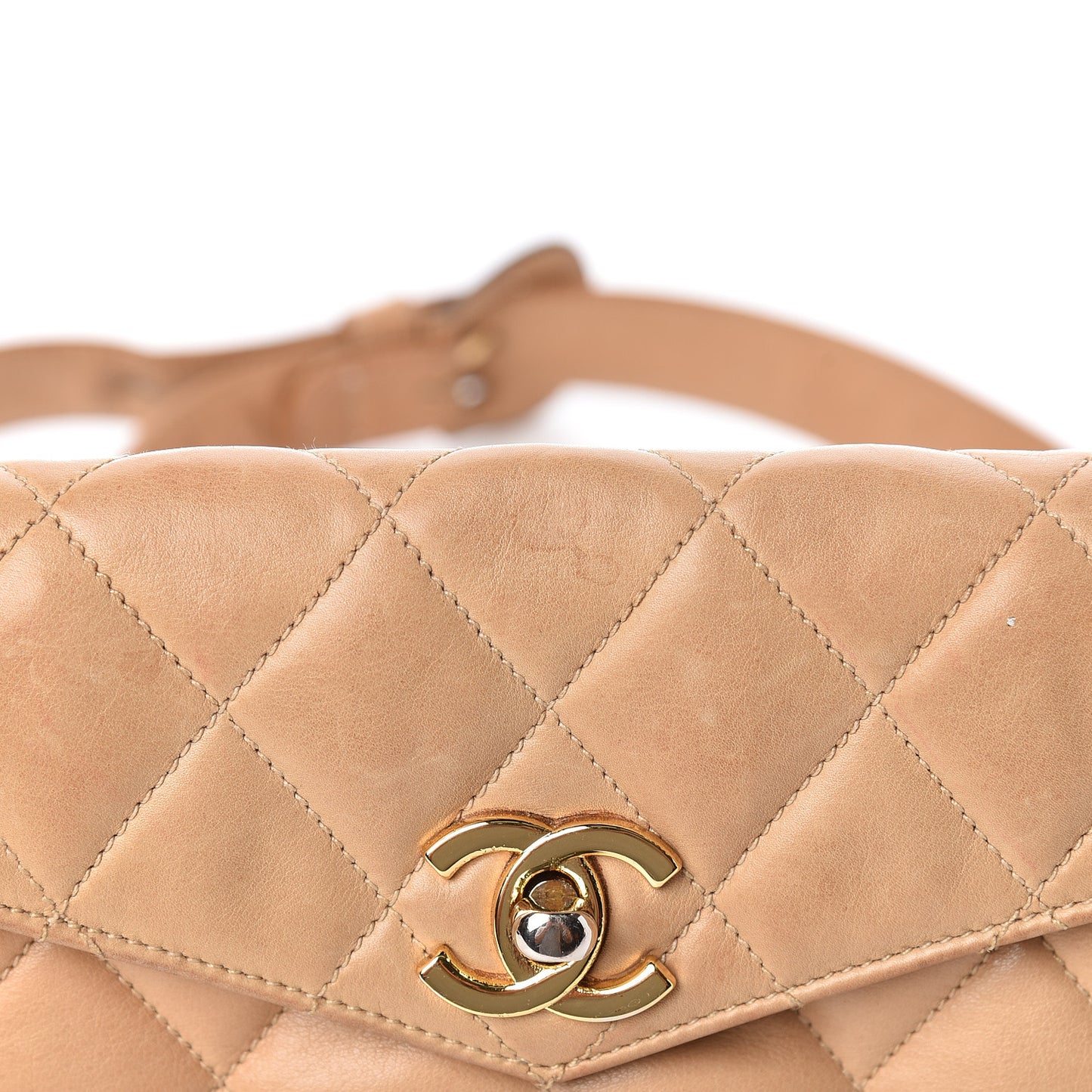 Lambskin Quilted Flap Waist Belt Bag Beige