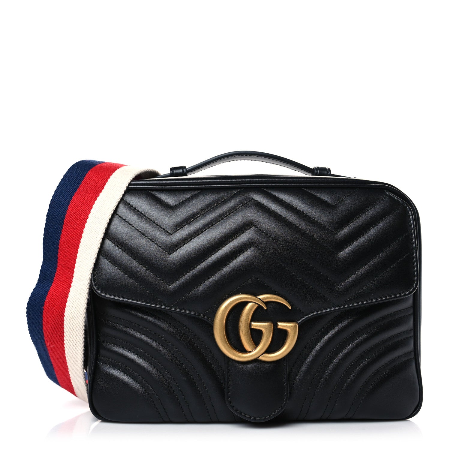 Gucci Calfskin Matelasse Sylvie Web Small GG Marmont Top Handle Shoulder Bag Black 1 of 9