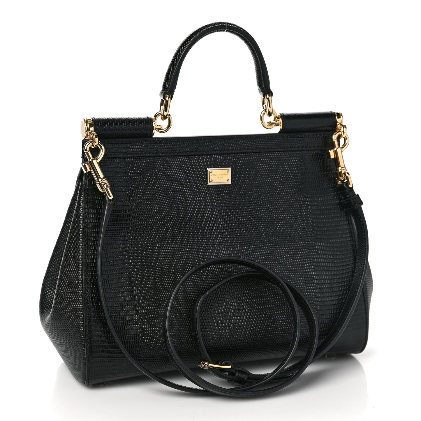 Calfskin Iguana Embossed Studded Medium Fashion Sinner Patch Miss Sicily Satchel Black