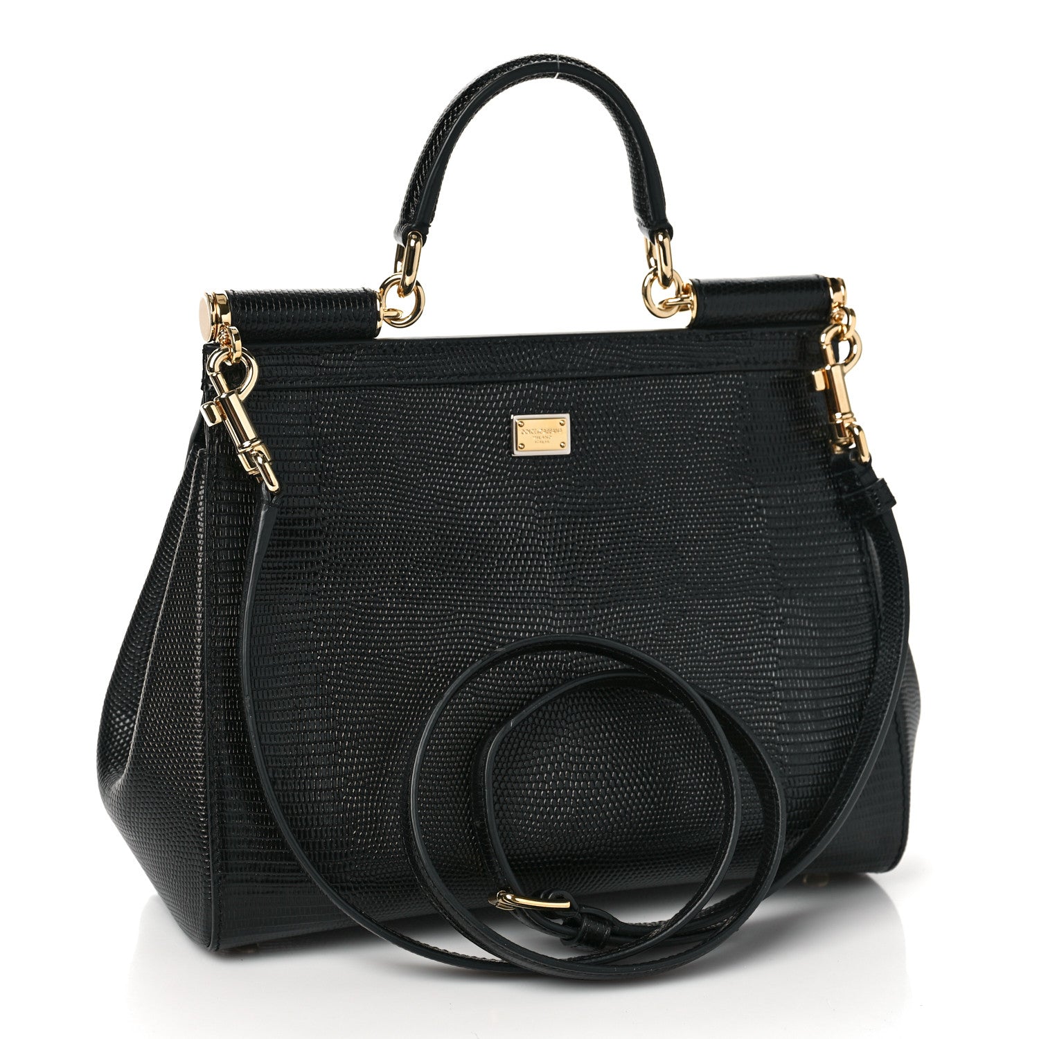 Dolce & Gabbana Calfskin Iguana Embossed Studded Medium Fashion Sinner Patch Miss Sicily Satchel Black 3 of 8