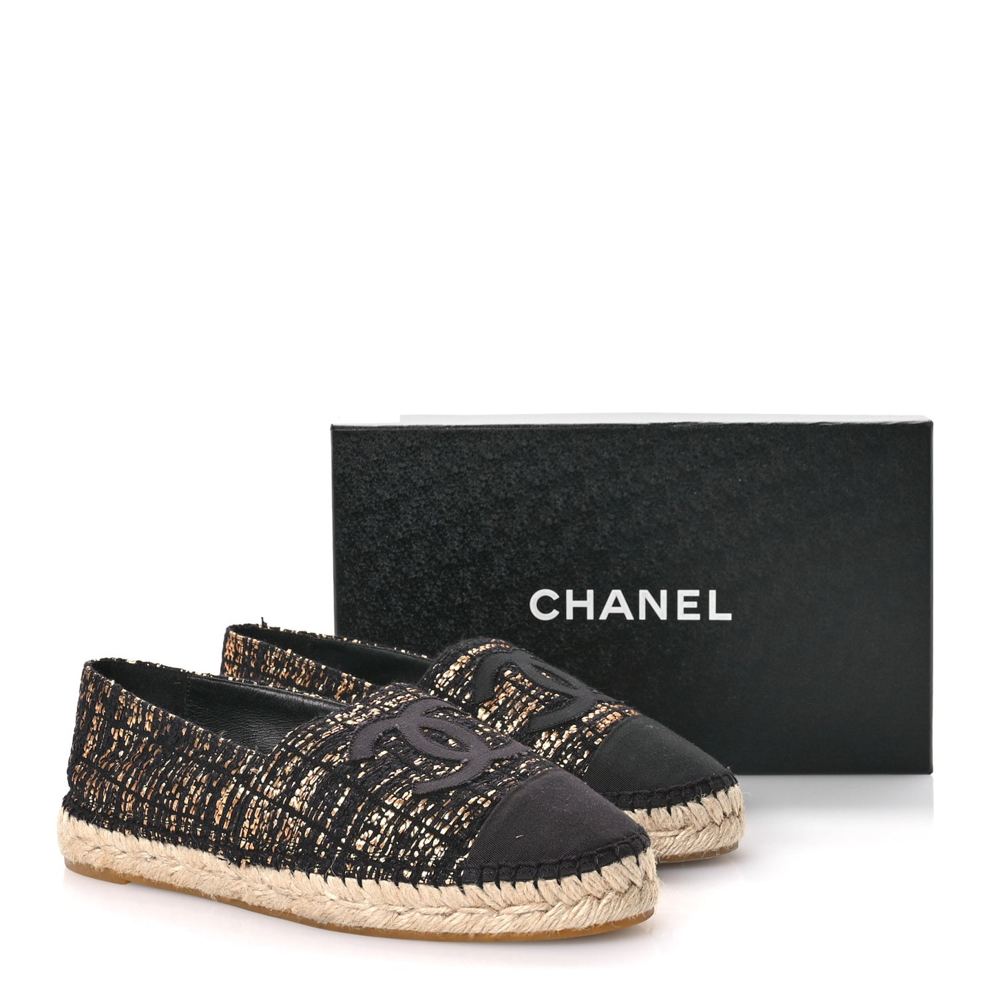 Metallic Tweed Grosgrain CC Espadrilles 40 Black Gold