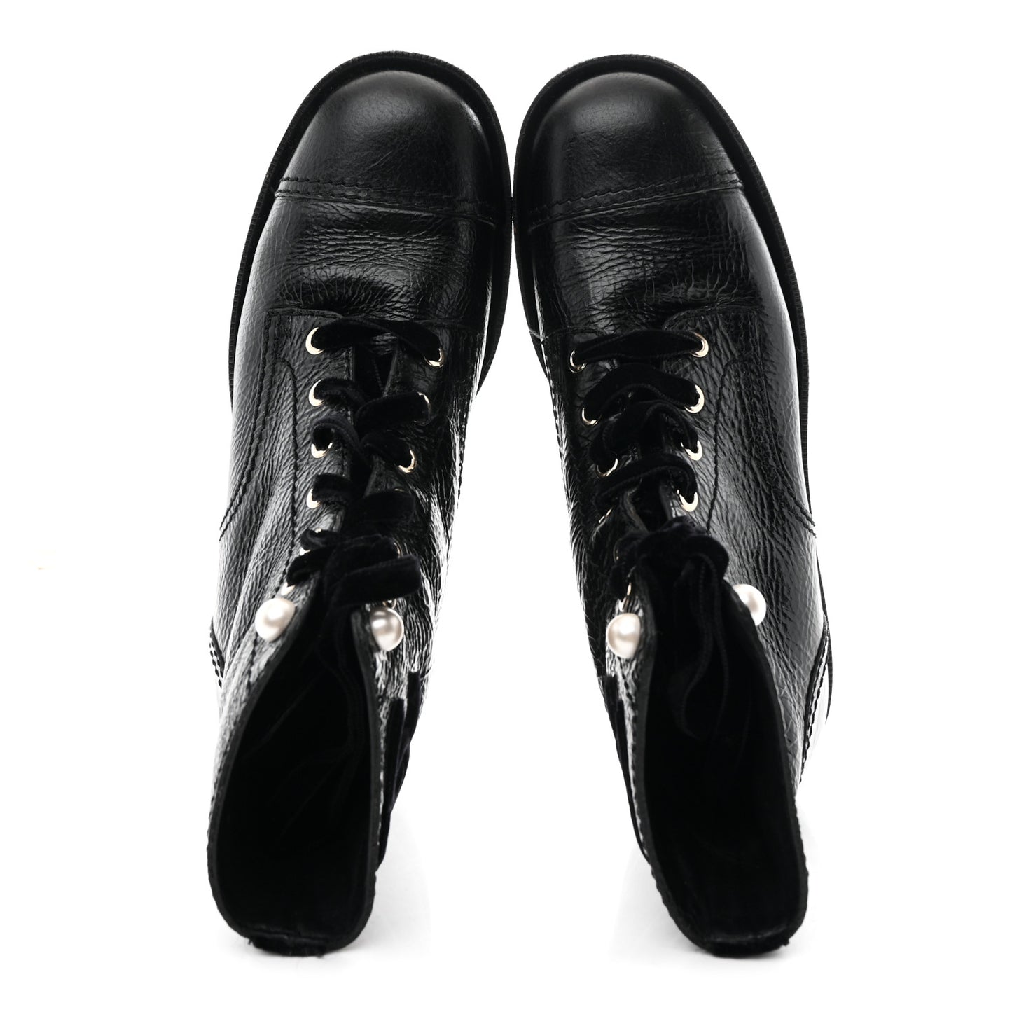 Shiny Calfskin Velvet Pearl Combat Short Boots 39 Black