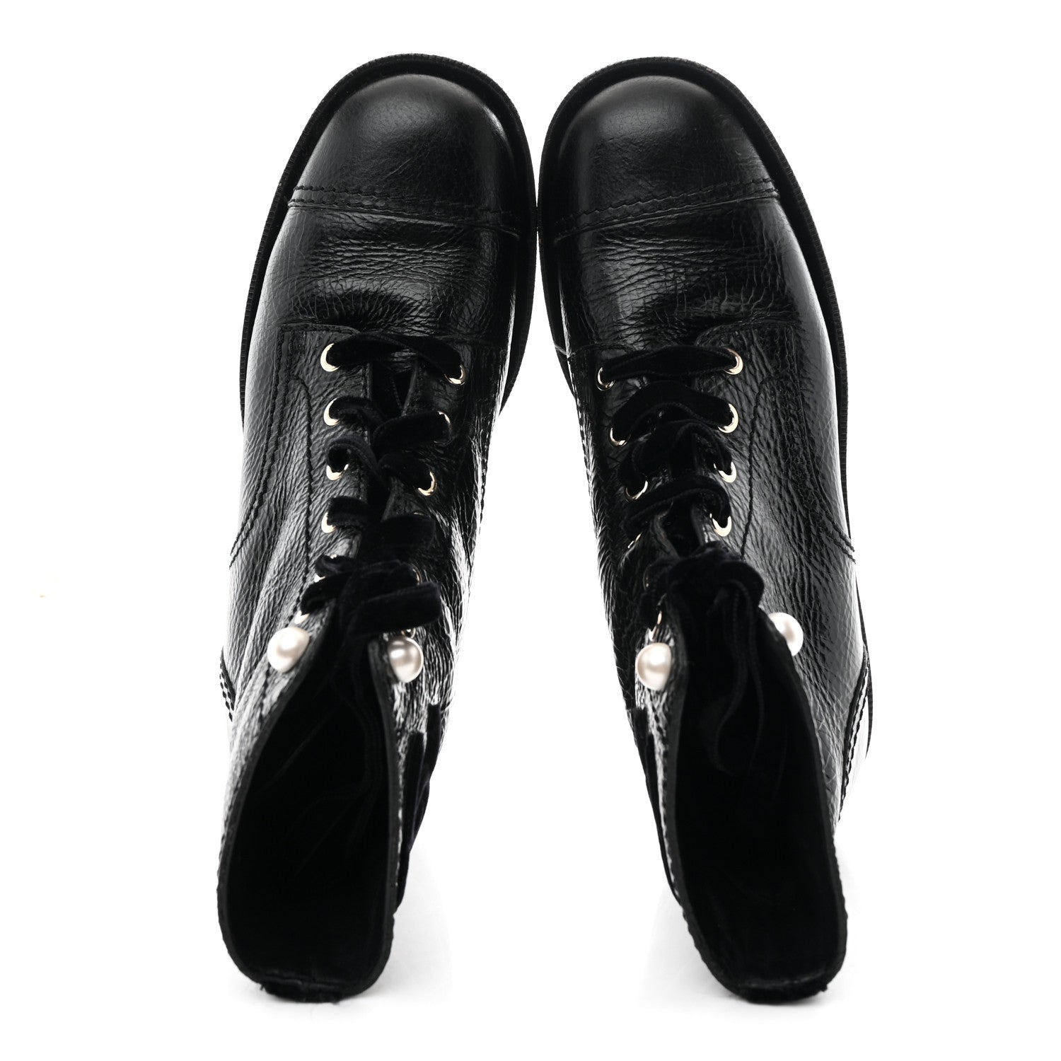 Chanel Shiny Calfskin Velvet Pearl Combat Short Boots 39 Black 2 of 9