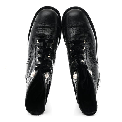 Chanel Shiny Calfskin Velvet Pearl Combat Short Boots 39 Black 2 of 9