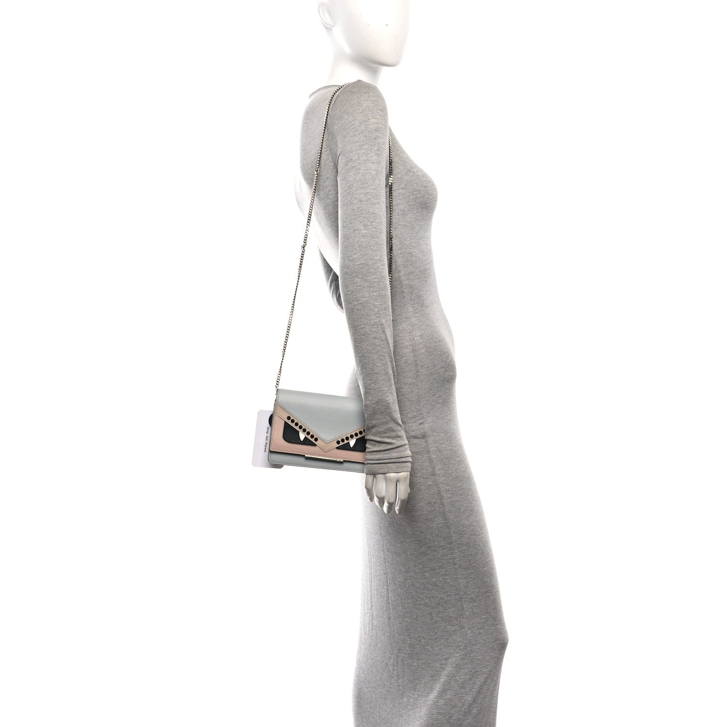 Fendi Vitello Elite Monster Eyes Studded Tube Wallet on Chain Grigio Perla Multicolor 2 of 11