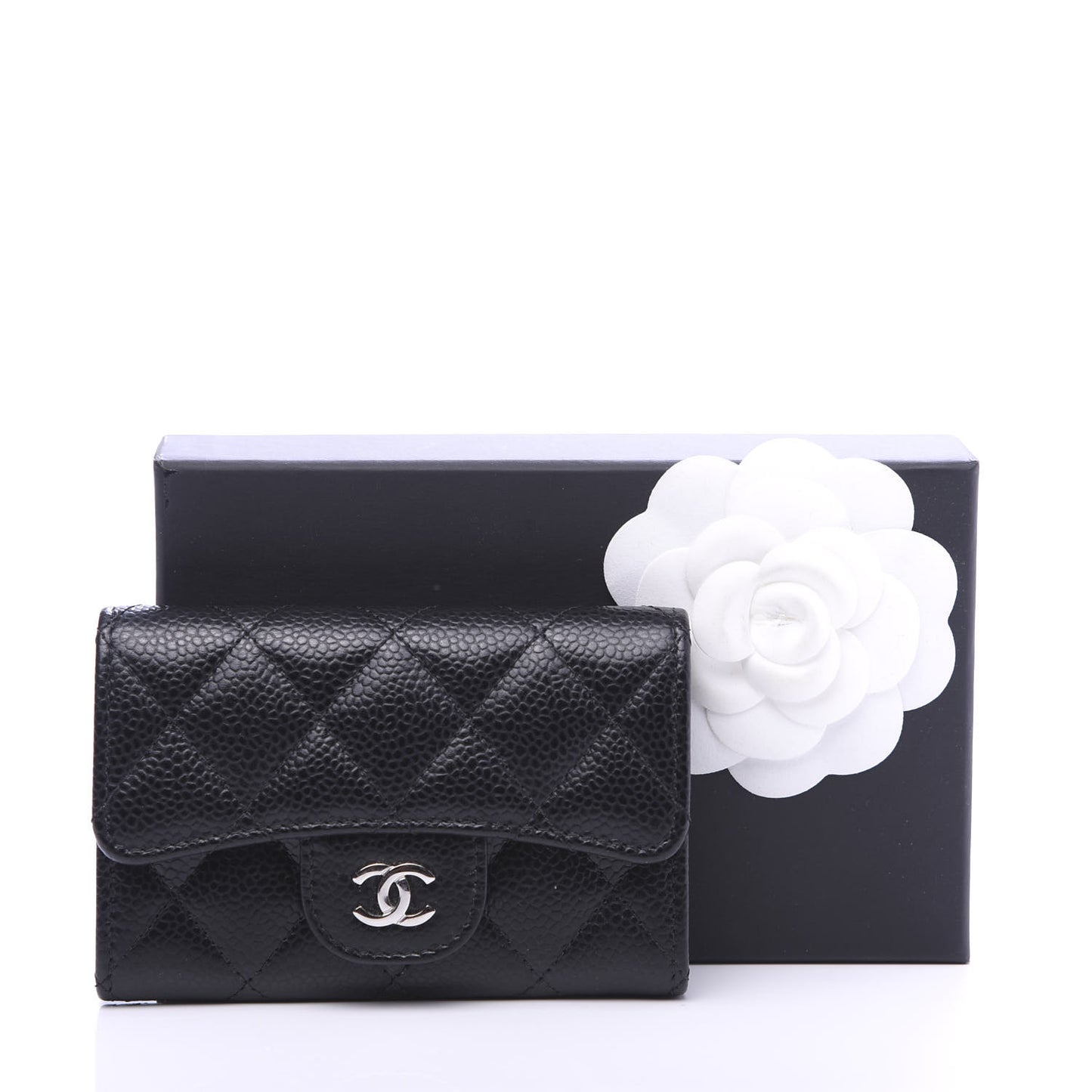 Caviar Quilted Flap Card Holder Wallet Black
