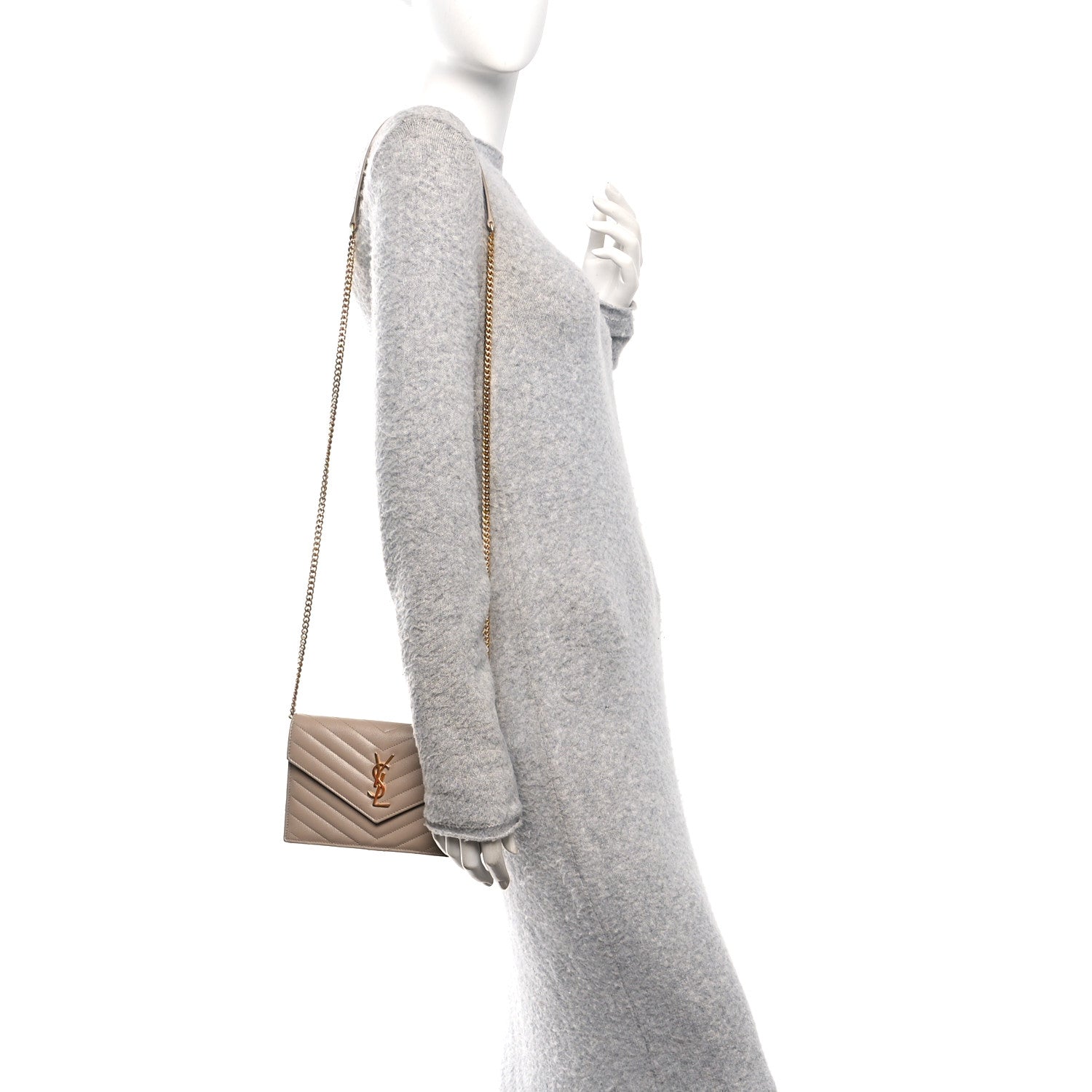 Saint Laurent Grain De Poudre Matelasse Chevron Monogram Envelope Chain Wallet Dark Beige 2 of 10