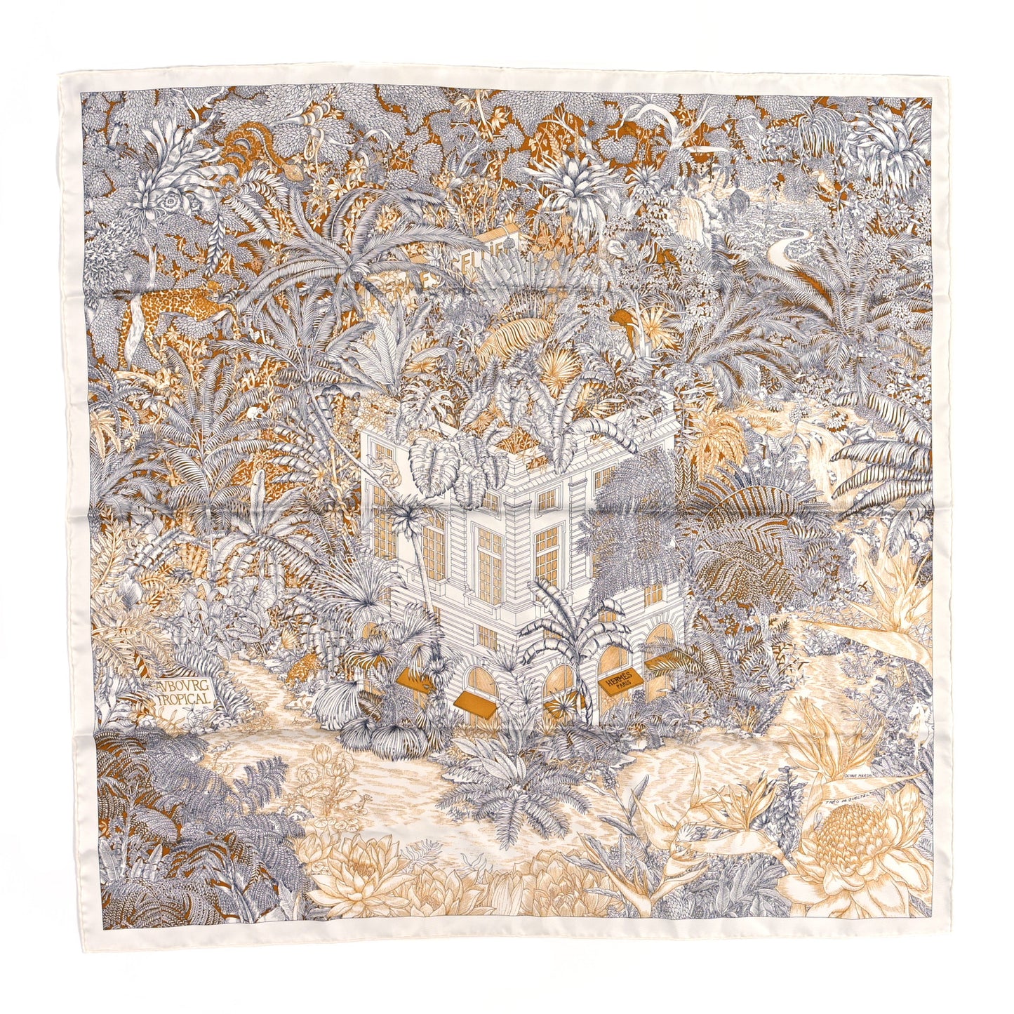 Silk Faubourg Tropical Scarf 90 Sepia White Caramel