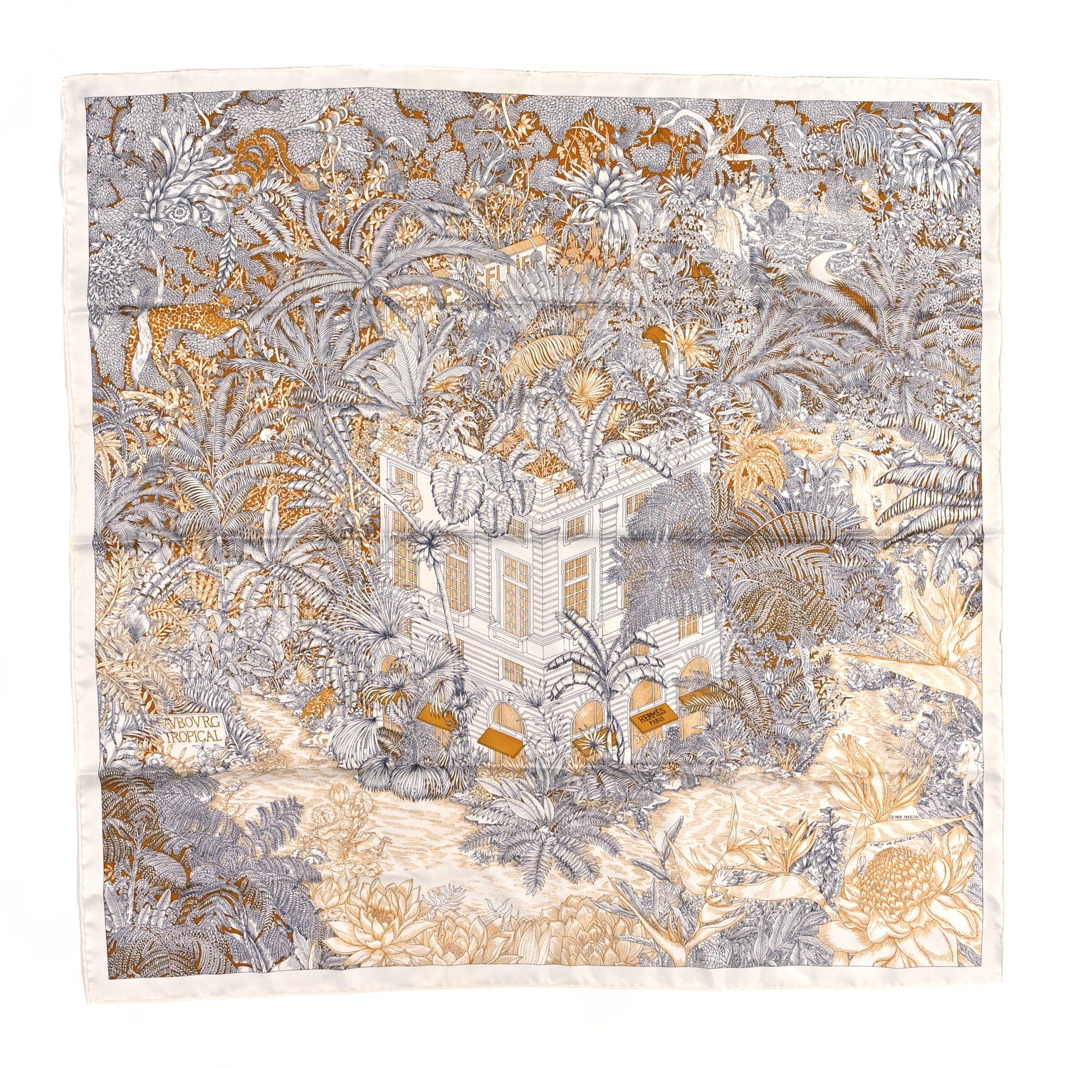 Hermes Silk Faubourg Tropical Scarf 90 Sepia White Caramel 1 of 5