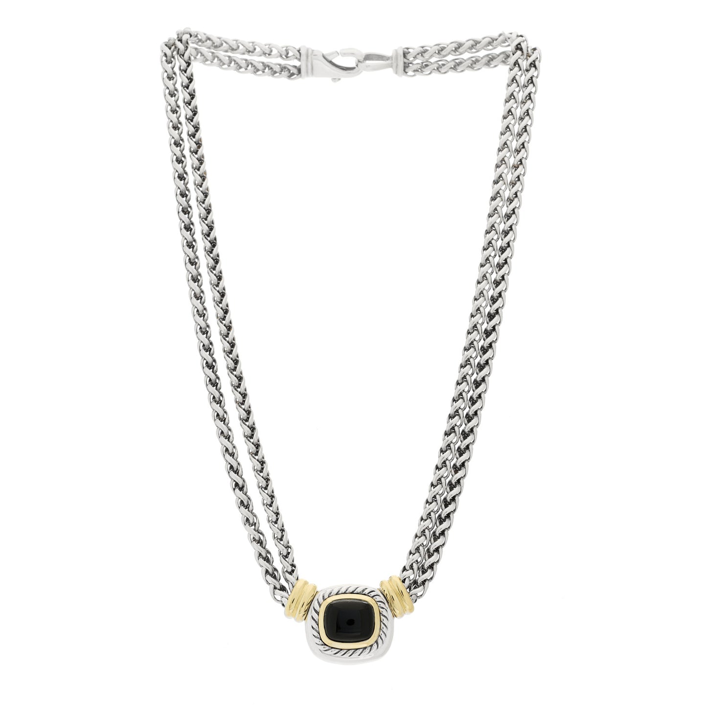Sterling Silver 14K Yellow Gold Black Onyx Double Wheat Chain Necklace
