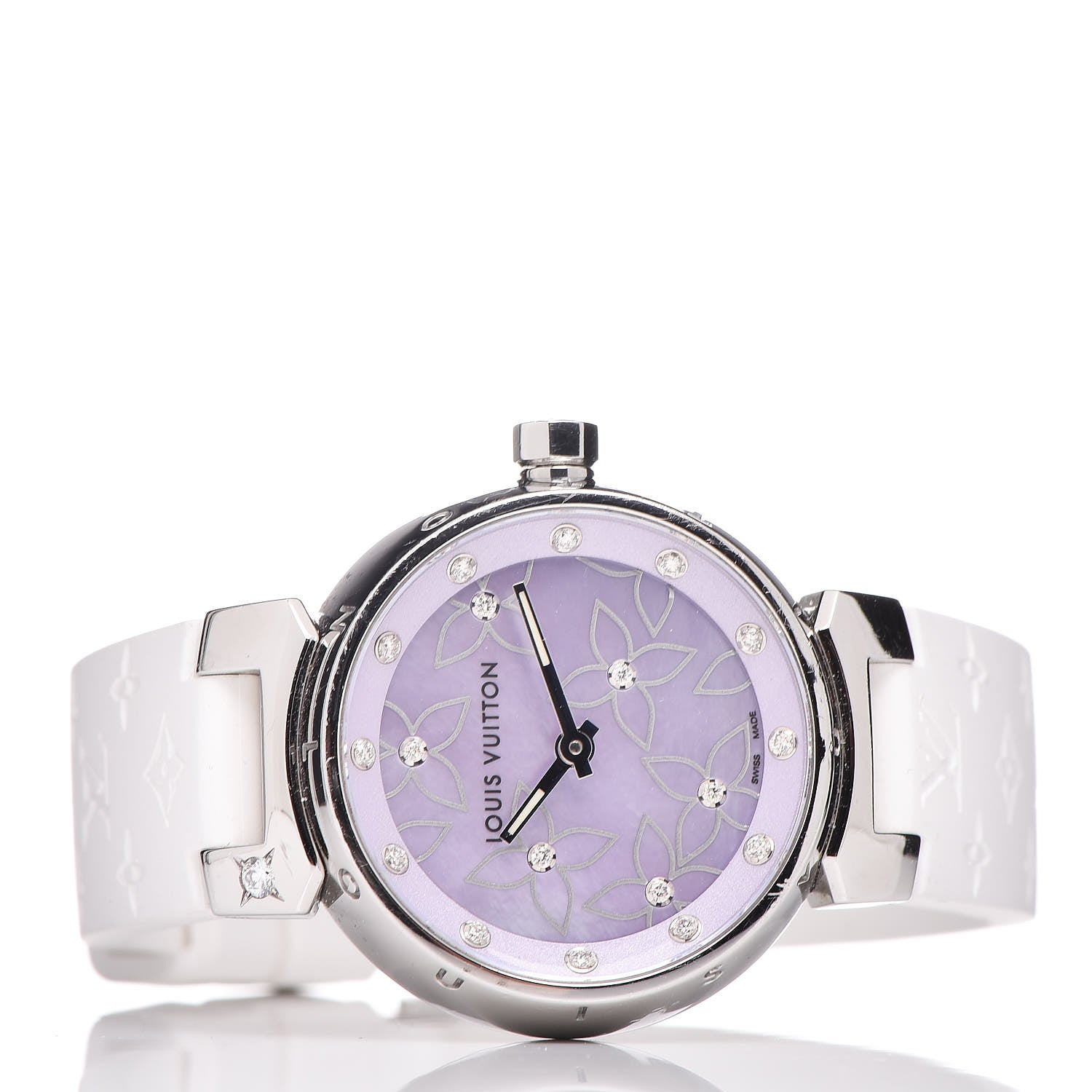 Louis Vuitton Stainless Steel Rubber Diamond Pink Mother of Pearl 28mm Tambour Quartz Watch 3 of 7