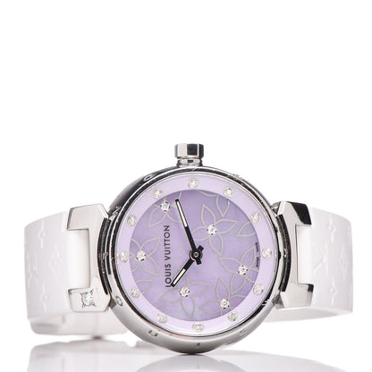 Louis Vuitton Stainless Steel Rubber Diamond Pink Mother of Pearl 28mm Tambour Quartz Watch 3 of 7