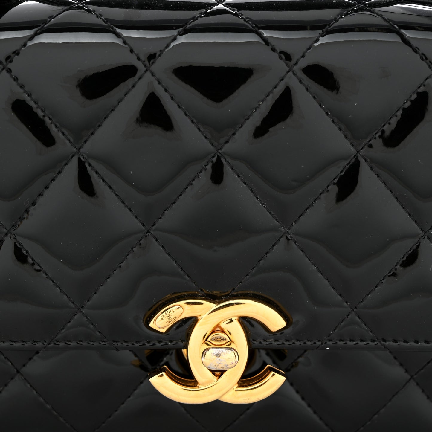 Patent Quilted Mini Golden Plate Flap Black