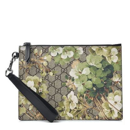 Gucci GG Supreme Monogram Blooms Small Zip Wristlet Pouch Beige New Military Black 1 of 6