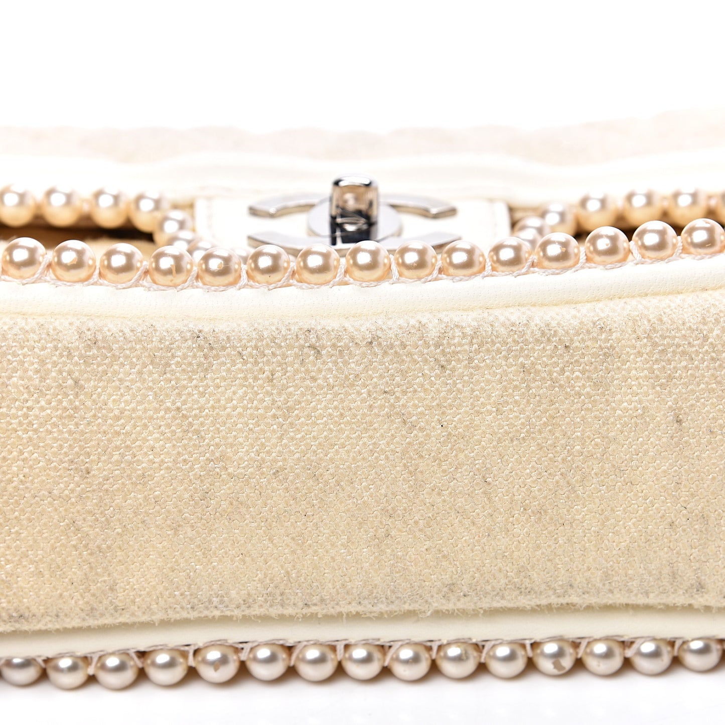Canvas Quilted Pearl Trim Medium Flap Beige