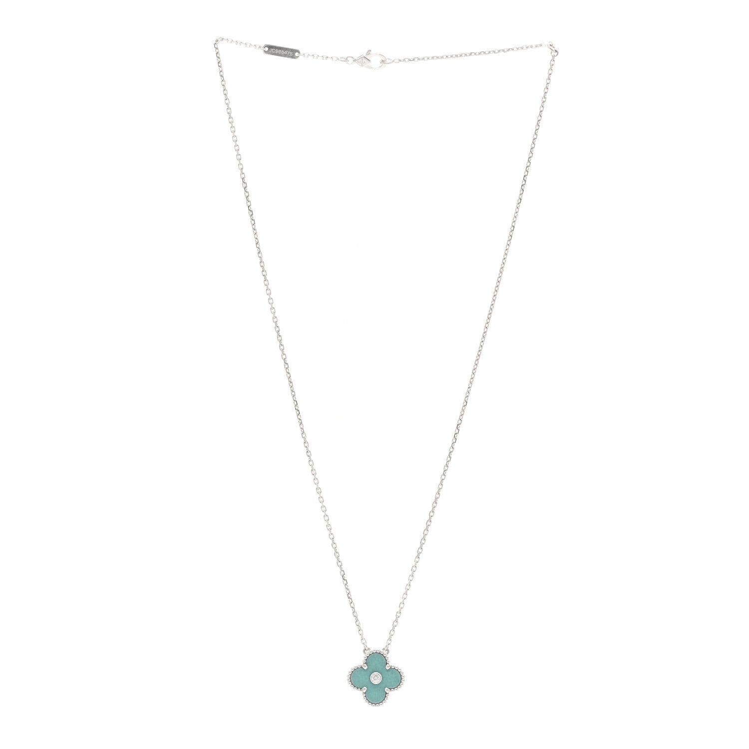 Van Cleef & Arpels 18K White Gold Diamond Celadon Green Sevres Porcelain Vintage Alhambra Pendant Necklace 3 of 5