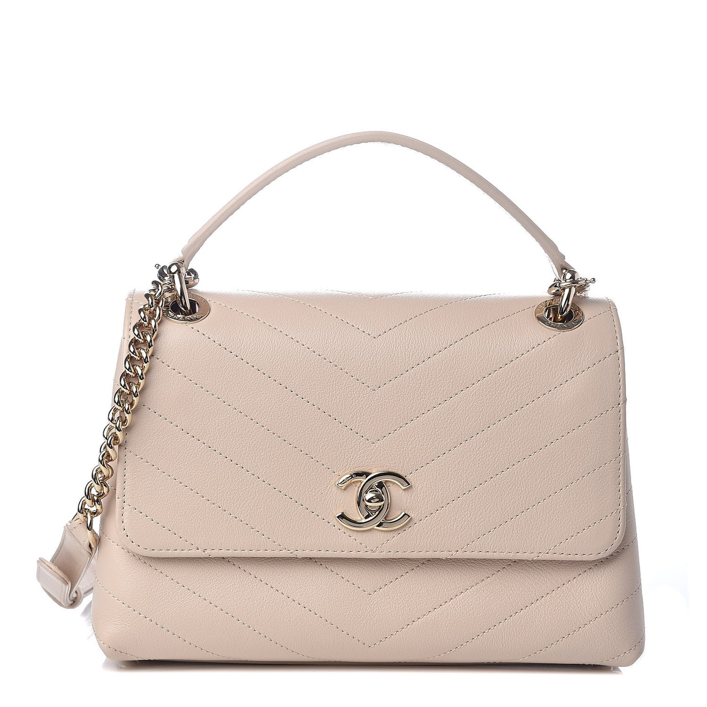 Grained Calfskin Small Chevron Chic Top Handle Flap Beige