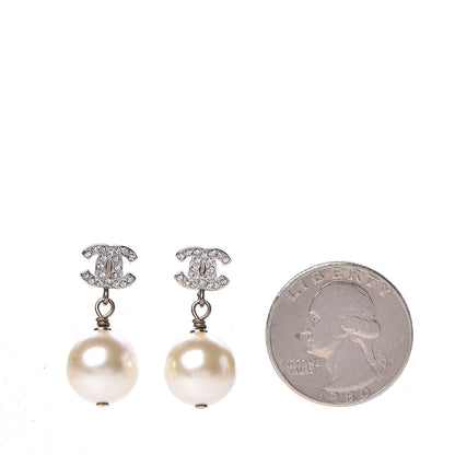 Chanel Crystal Pearl CC Drop Earrings Silver Pearly White 2 of 5