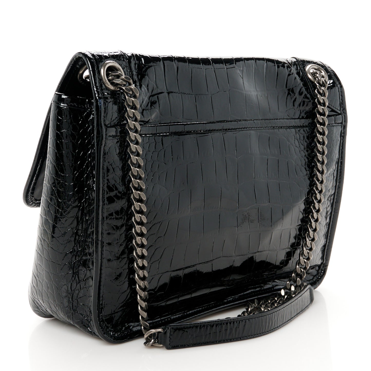 Patent Crocodile Embossed Lambskin Monogram Medium Niki Chain Satchel Black