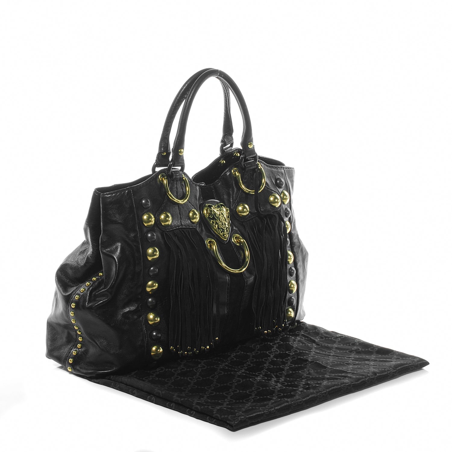 Gucci Leather Suede Fringe Large Babouska Tote Black 5 of 9