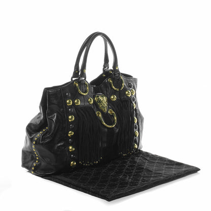 Gucci Leather Suede Fringe Large Babouska Tote Black 5 of 9
