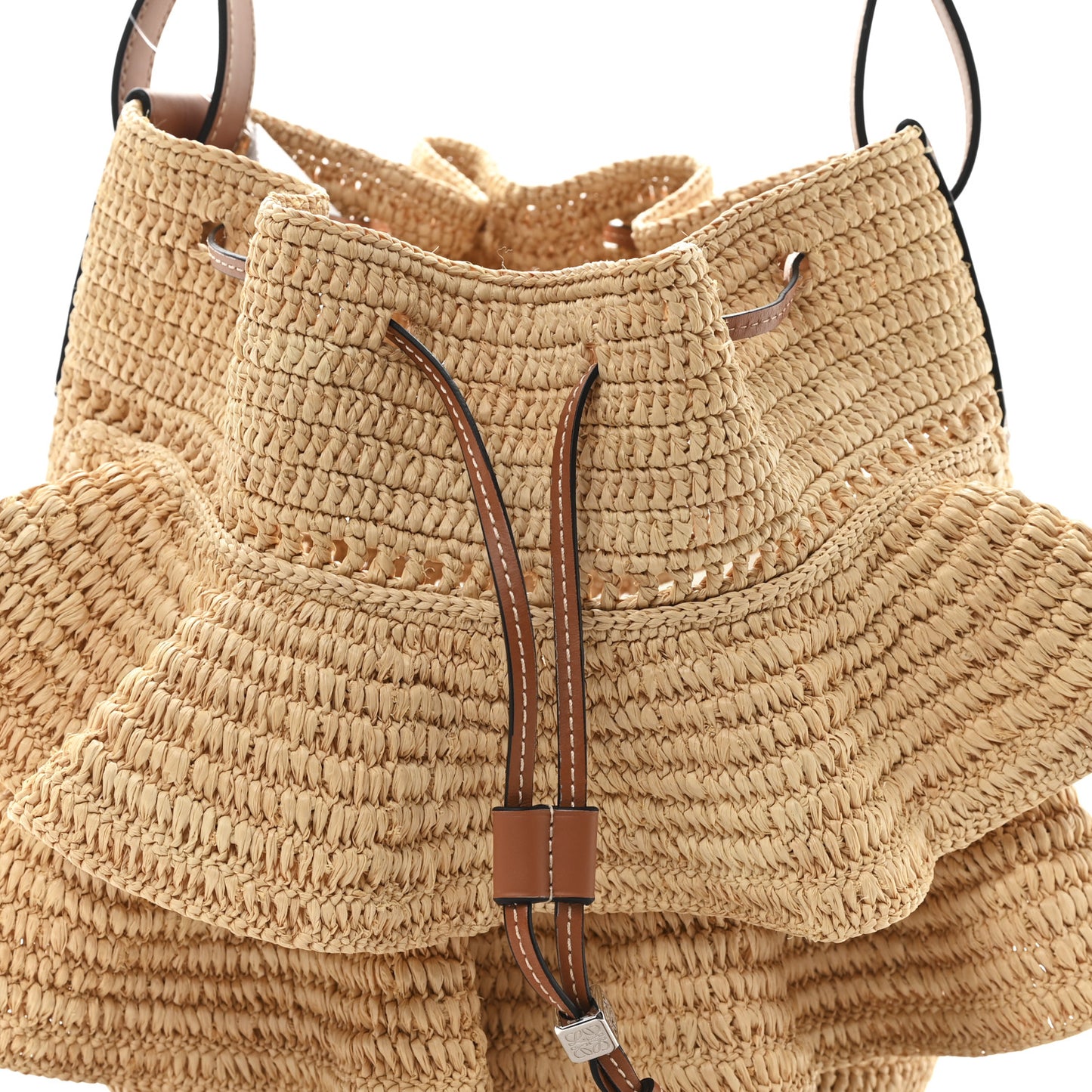 Raffia Calfskin Balloon Ruffles Bucket Bag Natural Tan
