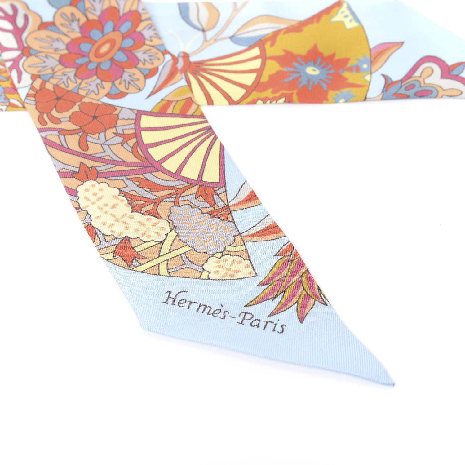 Hermes Silk Fleurs et Papillons de Tissus Twilly Bleu Ciel Corail Jaune 3 of 4
