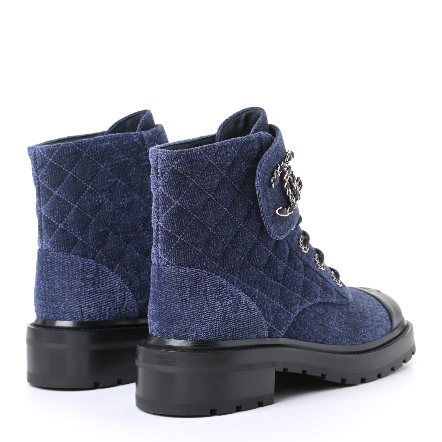 Chanel Denim Calfskin Quilted Lace Up Combat Boots 38 Blue 3 of 12