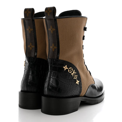 Louis Vuitton Canvas Calfskin Crocodile Embossed Metropolis Flat Ranger Boots 37 Kaki 4 of 9
