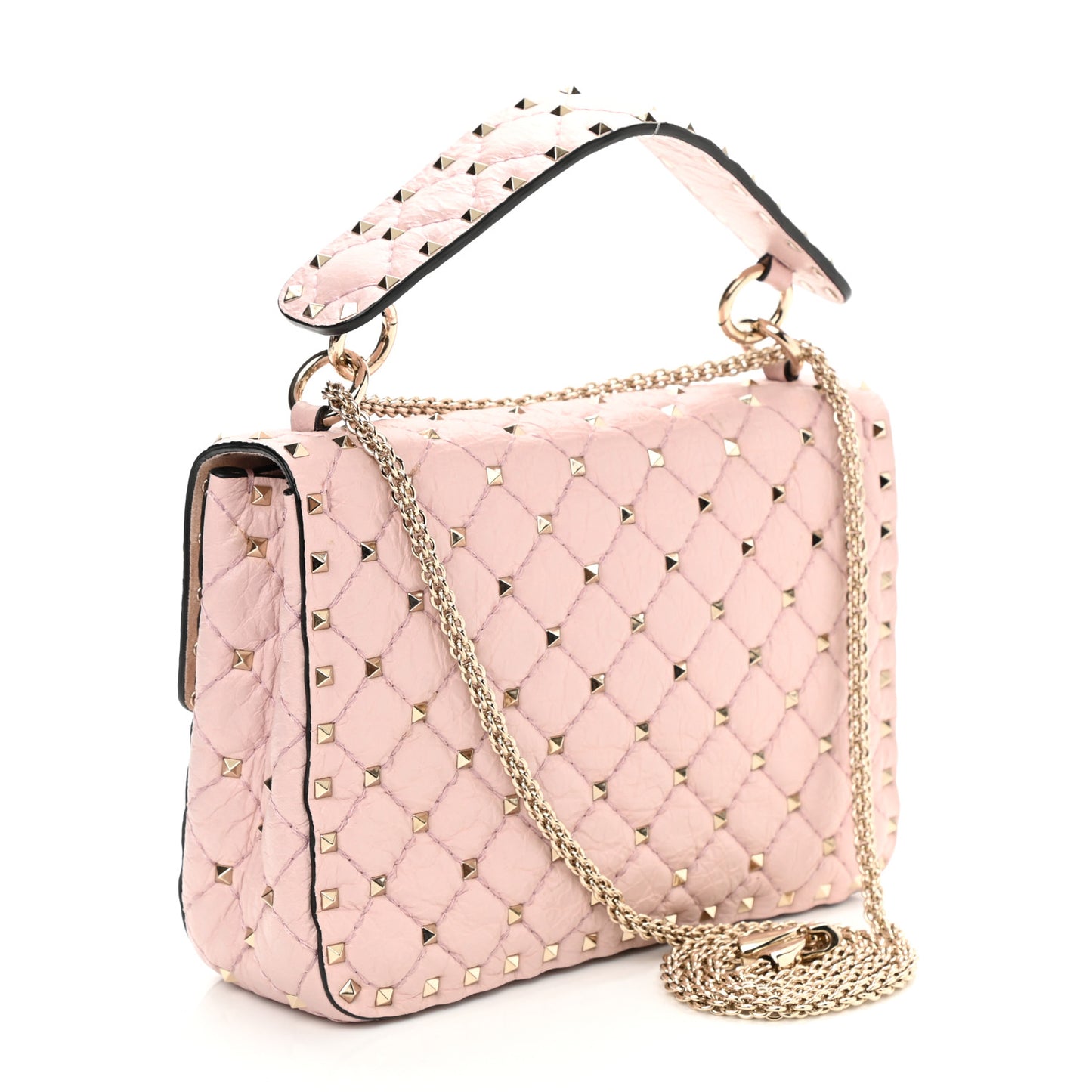 Craquele Nappa Medium Rockstud Spike Shoulder Bag Water Rose