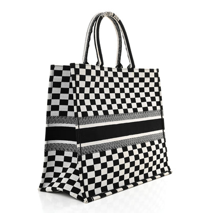 Christian Dior Canvas Embroidered Checkered Book Tote Black White 3 of 13