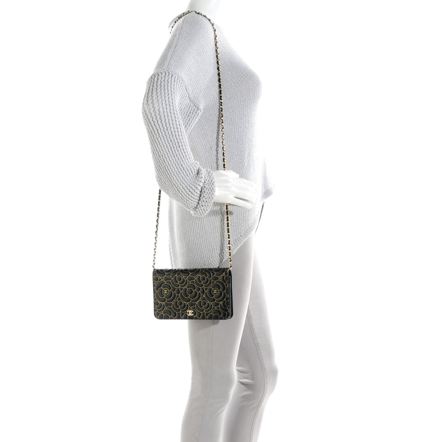 Lambskin Camellia Embossed Wallet On Chain WOC Black Gold