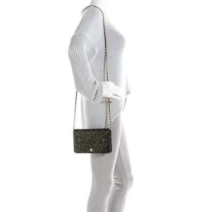 Chanel Lambskin Camellia Embossed Wallet On Chain WOC Black Gold 2 of 8