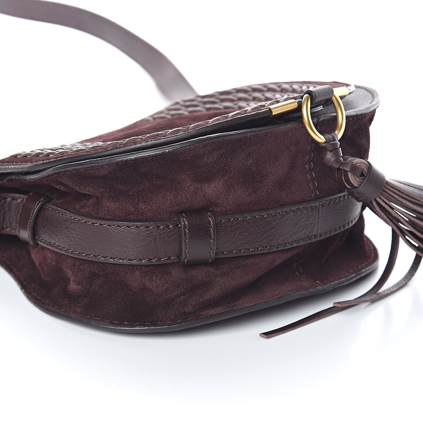 Suede Calfskin Braided Mini Marcie Round Crossbody Bag Carbon Brown