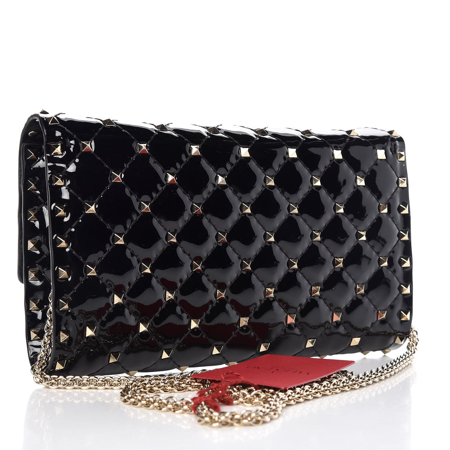 Patent Rockstud Spike Wallet on Chain Black